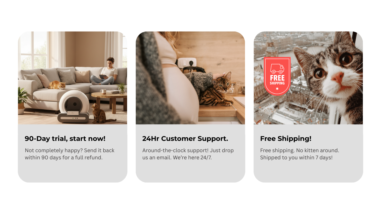 Promotional banner with text about a 90-day trial, 24-hour customer support, and free shipping for a pet product.