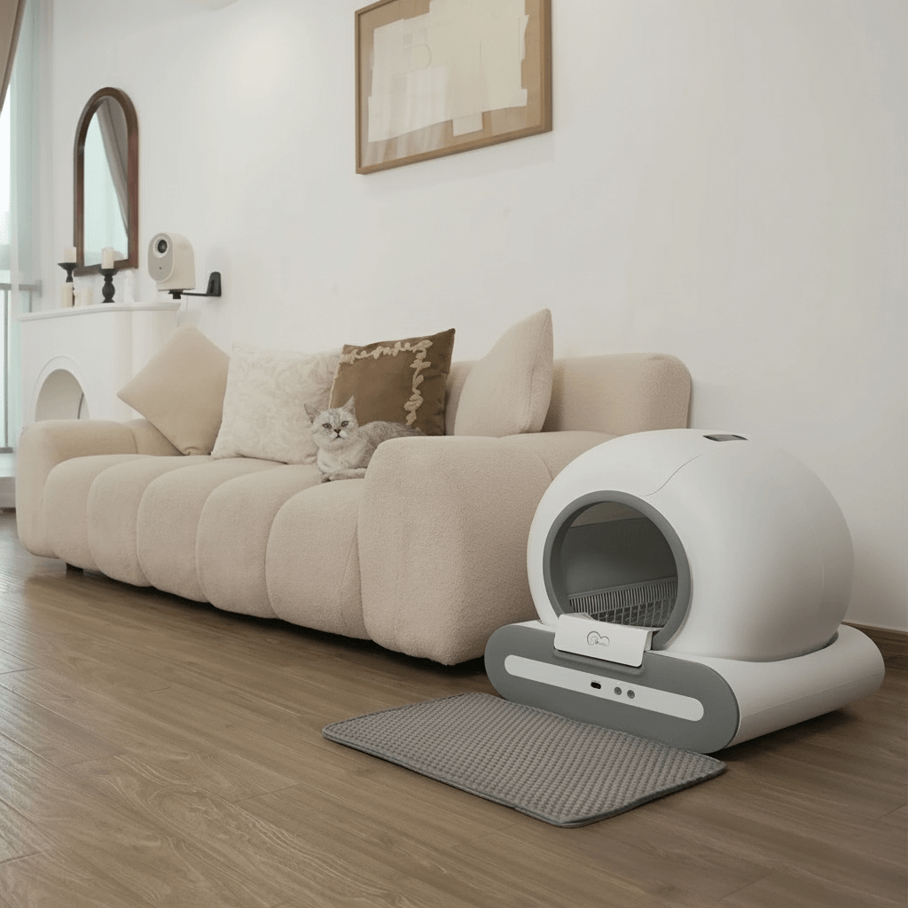 Pet bed with a cat inside in a living room setting, with litterly automatic litter box