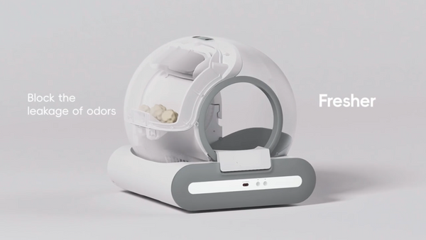 White odor-blocking device with text on a gray background