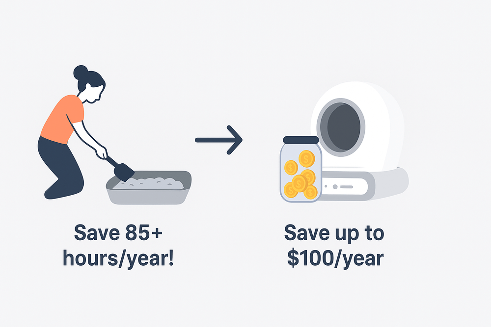 Illustration of a person cleaning with text about saving time and money, followed by an icon of a litterly box 