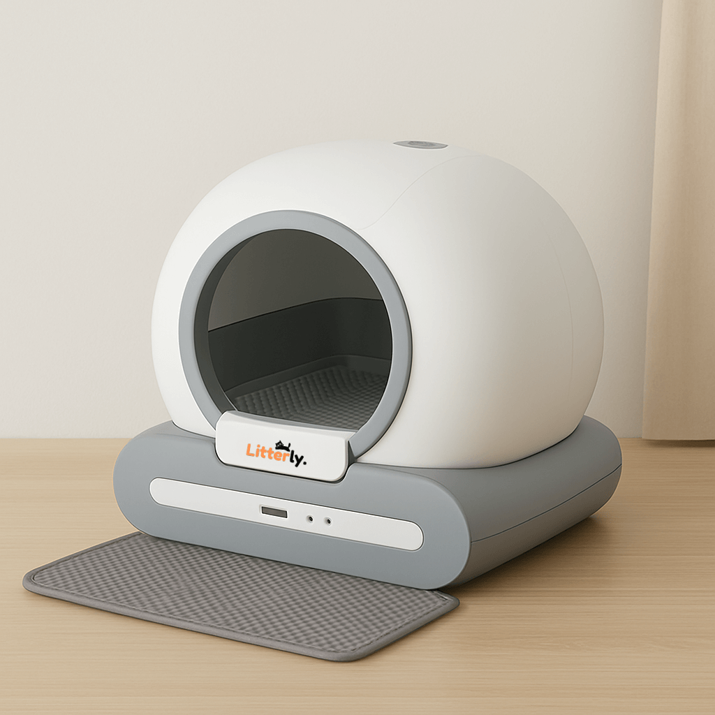 White and gray pet litter box with a visible brand logo on a wooden floor. Litterly smart box