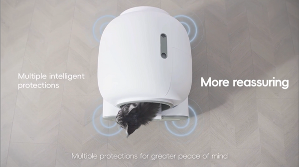 Litter with text about intelligent protections and reassurance. Showing sensors all around