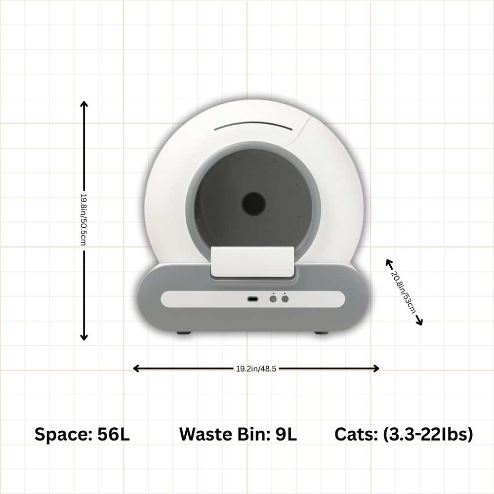 Measurement chart of a pet product with dimensions and weight capacity on a grid background