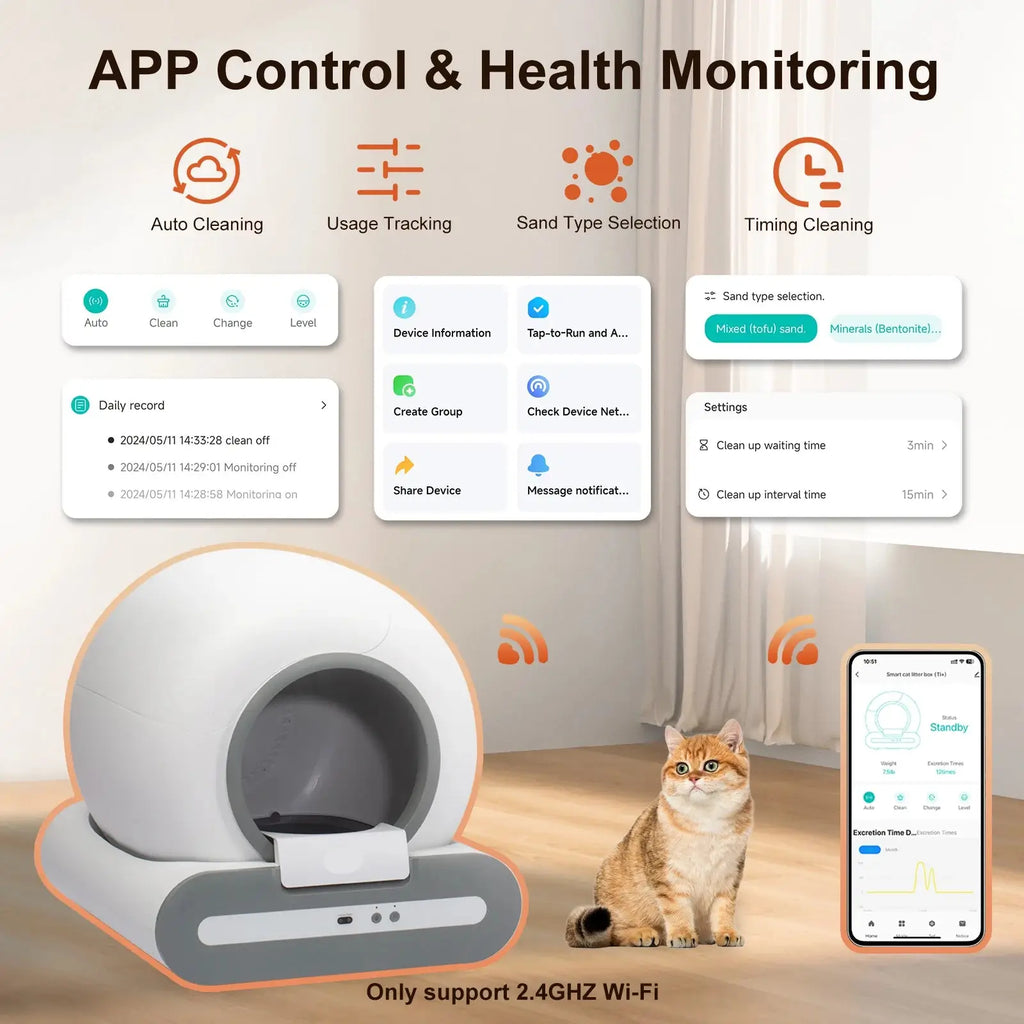 Pet product with app control and health monitoring features, including a cat and smartphone displaying app interface.