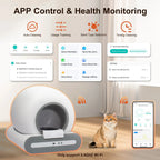 Pet product with app control and health monitoring features, including a cat and smartphone displaying app interface.