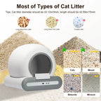 Cat litter product with various types of cat litter shown above it on a white background.