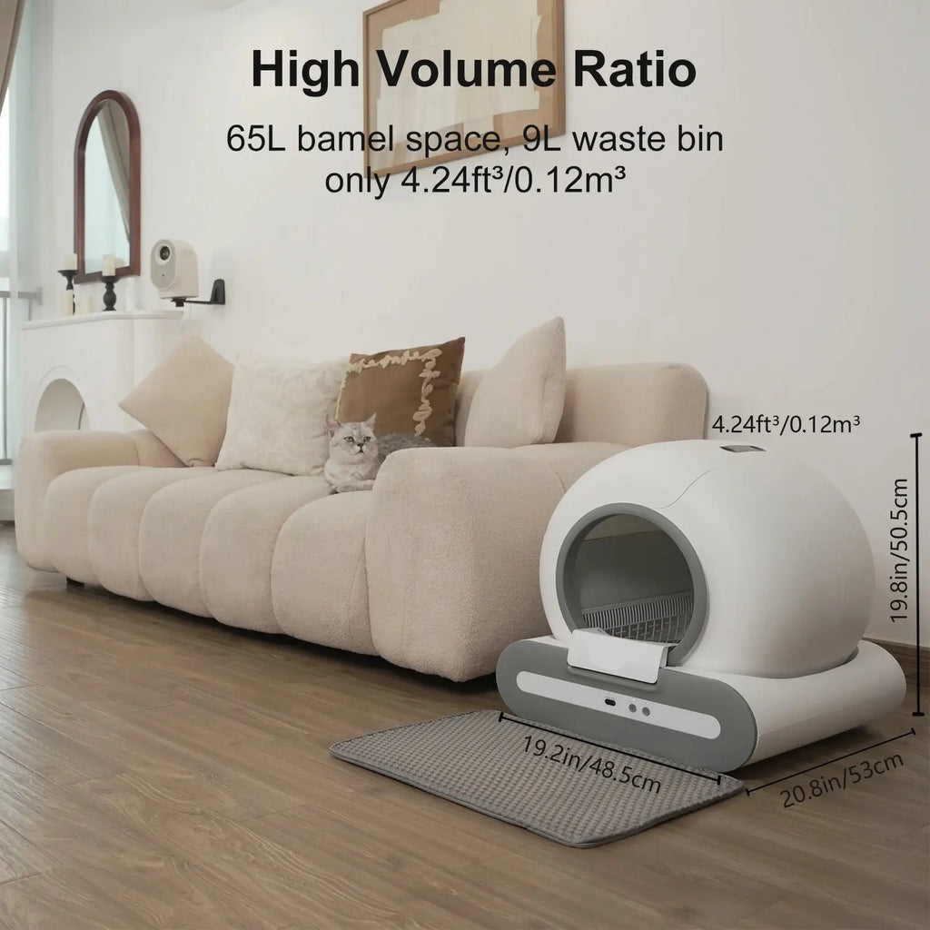 Pet bed with waste bin in a living room setting, showing dimensions and volume ratio.