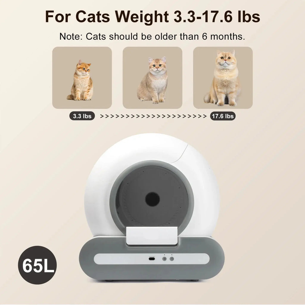 Pet product with weight guidelines for cats displayed on a beige background