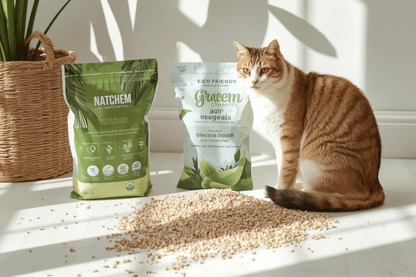 Cat sitting next to two bags of cat litter on a light surface with sunlight casting shadows.
