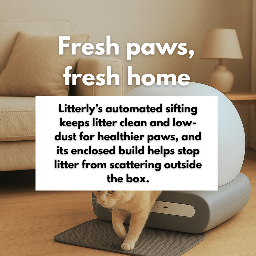 Cat using an automated litter box with promotional text. Title 'Fresh paws, fresh home'. Desc says ' Litterly automated sifting keeps litter clean and low-dust for healthier paws, and its enclosed build helps stop litter from scattering outside the box.