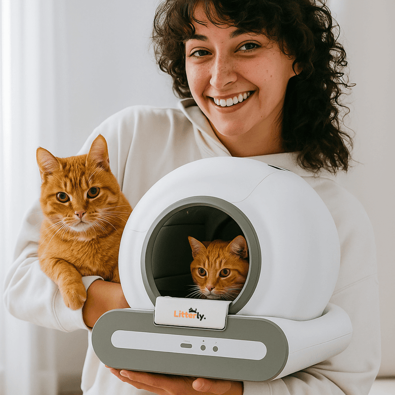 Woman holding a litter box with an orange cat inside, smiling at the camera.