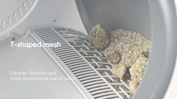 T-shaped mesh filter with sand in a dryer, showing cleaner filtration.