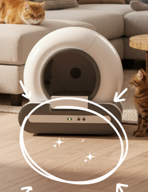 Robotic pet litter box in a living room with cats around