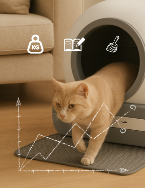 Cat coming out of litter box, with weight icon and graph