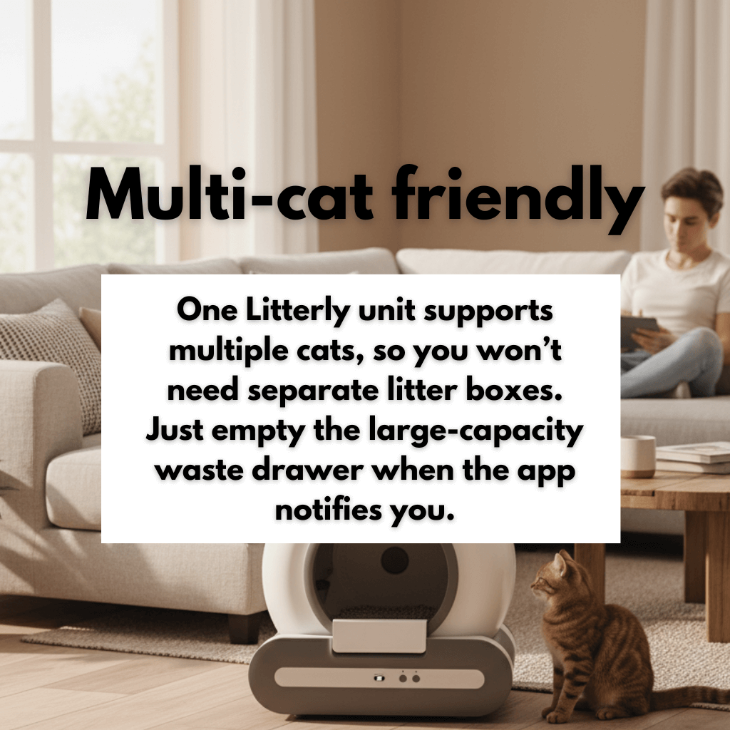 Litter box with text about multi-cat friendly system Title. Desc saying 'One litterly unit supports multiple cats, so you wont need separate litter boxes. Just empty the large-capacity waste drawer when the app notifies you. 