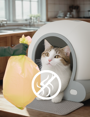Cat using a pet door in a kitchen setting with a brand logo overlay.