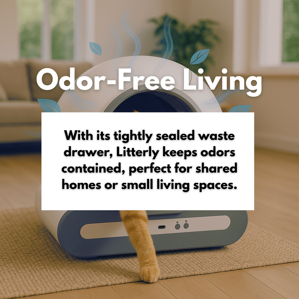 Cat litter disposal system with text 'Odor-Free Living' and description. saying 'With its tightly sealed waste drawer, litterly keeps odors contained, perfect for shared homes or small living spaces.