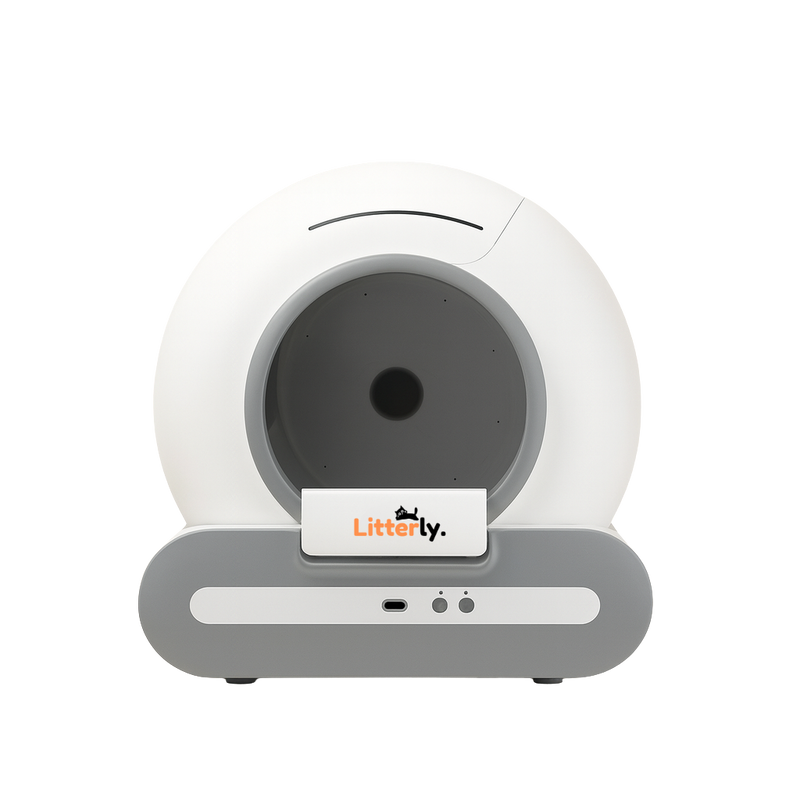 White and gray device with 'Litterly' branding on a white background